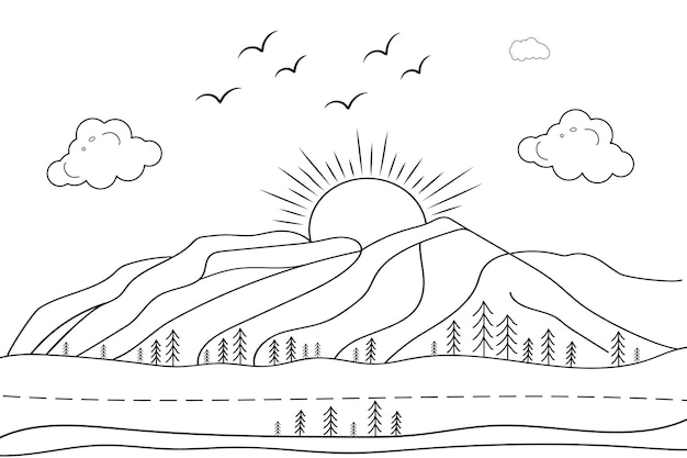 Premium vector handdrawn line art landscape mountain view wild beach sunrise lake line drawing island hills