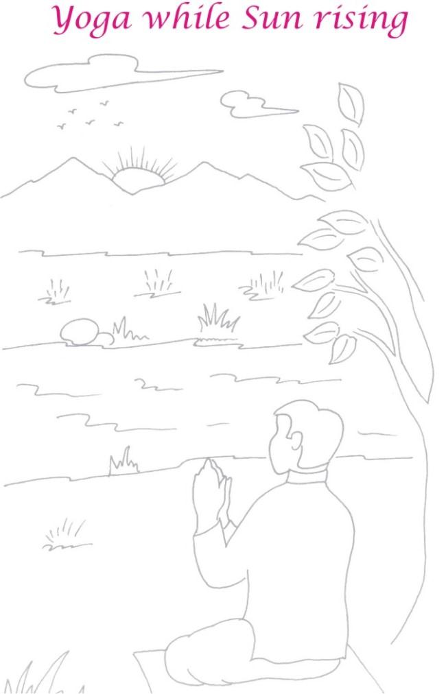Sunrise yoga scenery coloring page