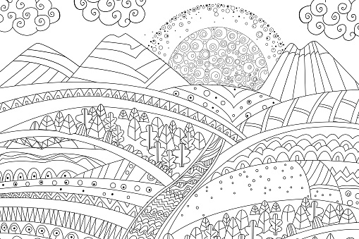 Sunrise in mountain landscape for your coloring book stock illustration