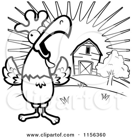 Cartoon clipart of a black and white happy rooster crowing loudly by a farm at sunrise