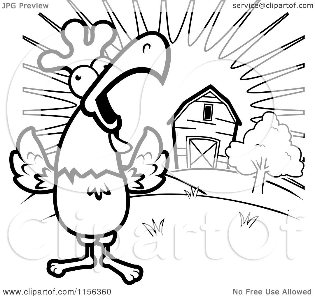 Cartoon clipart of a black and white happy rooster crowing loudly by a farm at sunrise