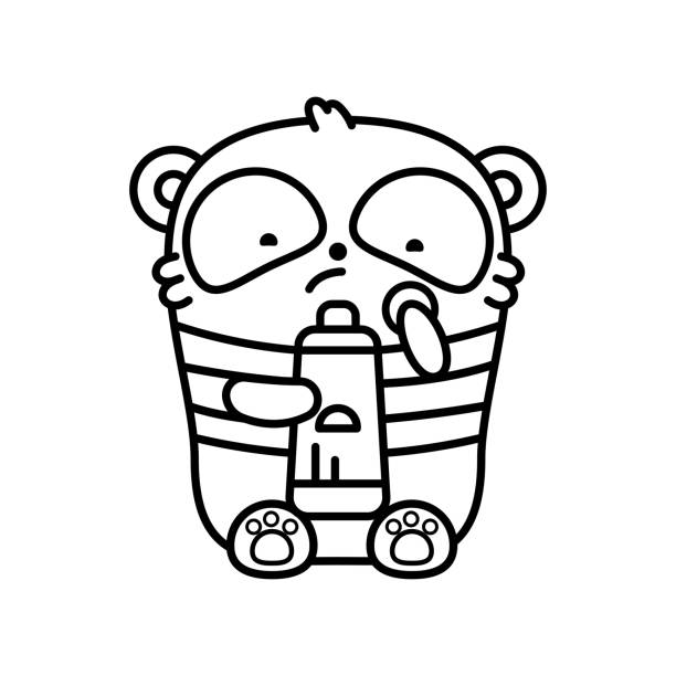 Little cute sad panda burned in the sun and smeared with sunscreen vector outline illustration in linear style on white background kawai bear coloring book page stock illustration