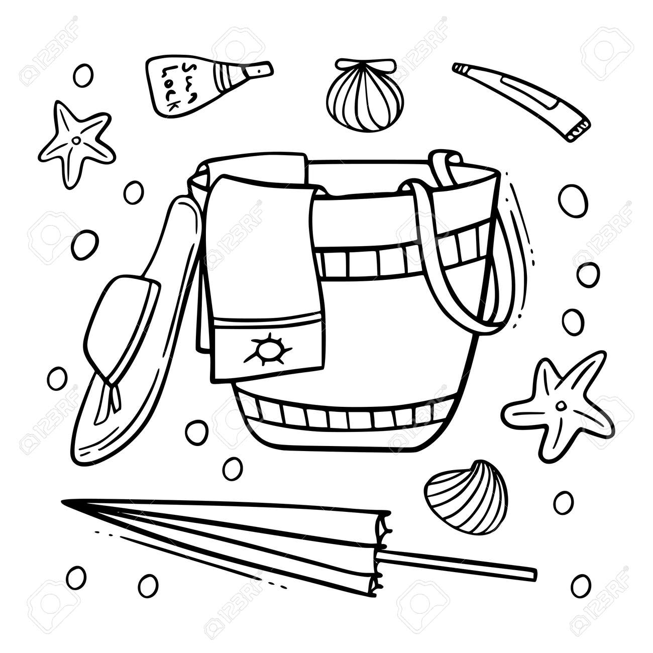 Hand drawn beach bag hat sunscreen cream umbrella set doodle icon isolated on white background black sketch for coloring book cards t