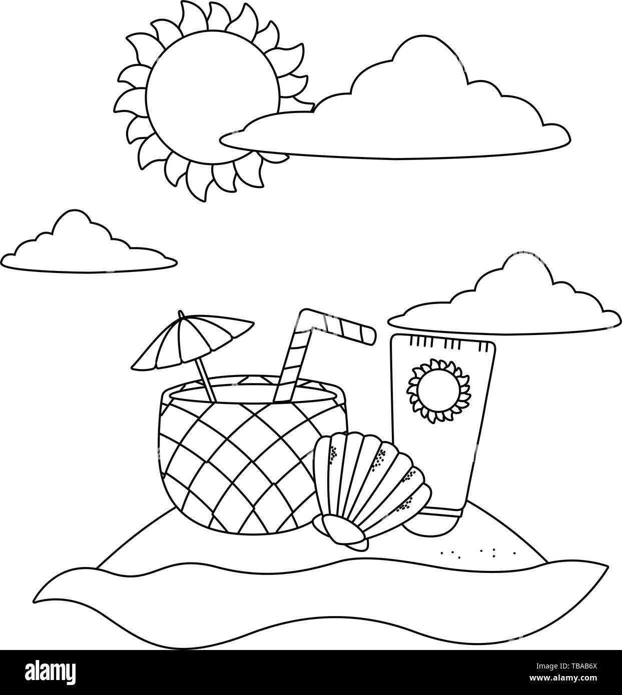 Beach with drink sunscreen and shell cartoon summer and travel vector illustration editable design in black and white stock vector image art