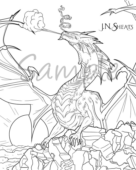 Fantasy dragon on cliff at sunset coloring page download single page