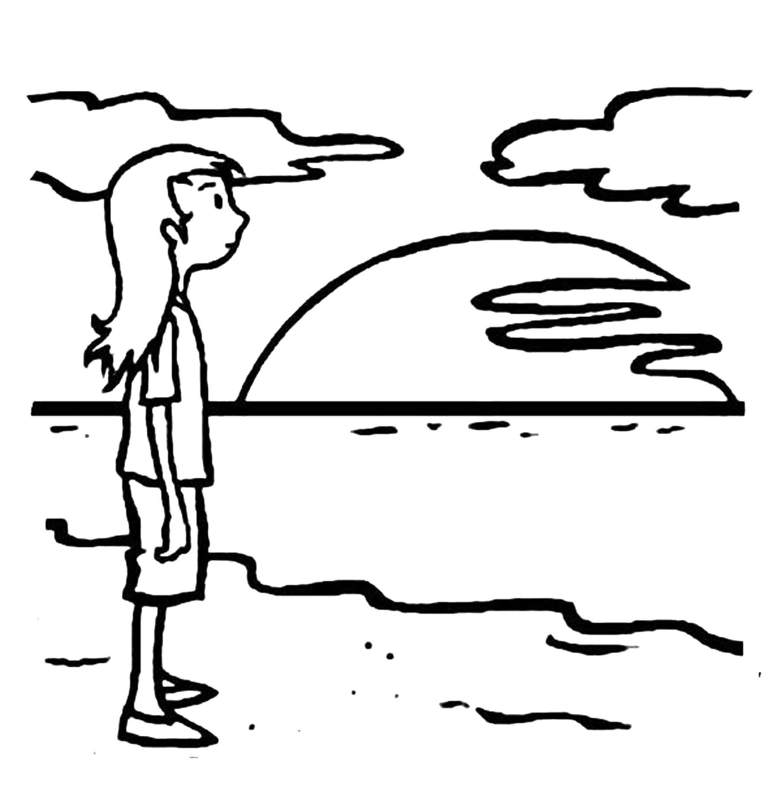The girl admires the sunset coloring page