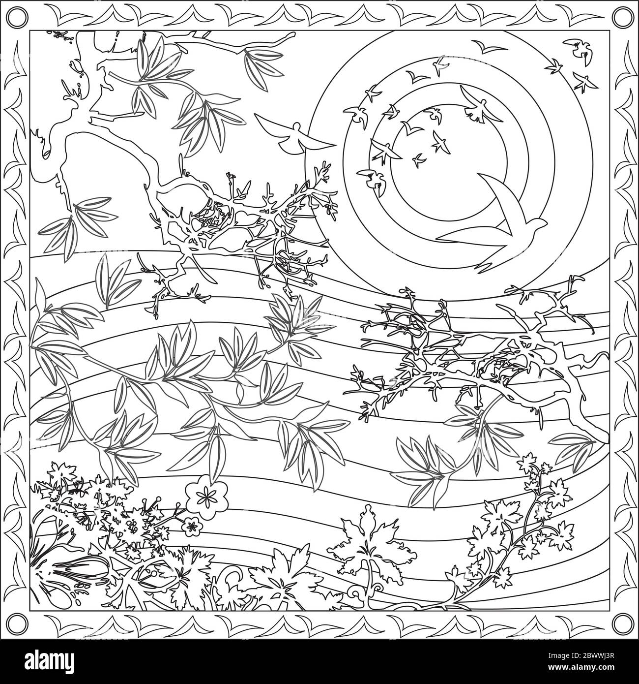 Coloring page illustration in square format for adults japanese style with birds and sunset stock vector image art