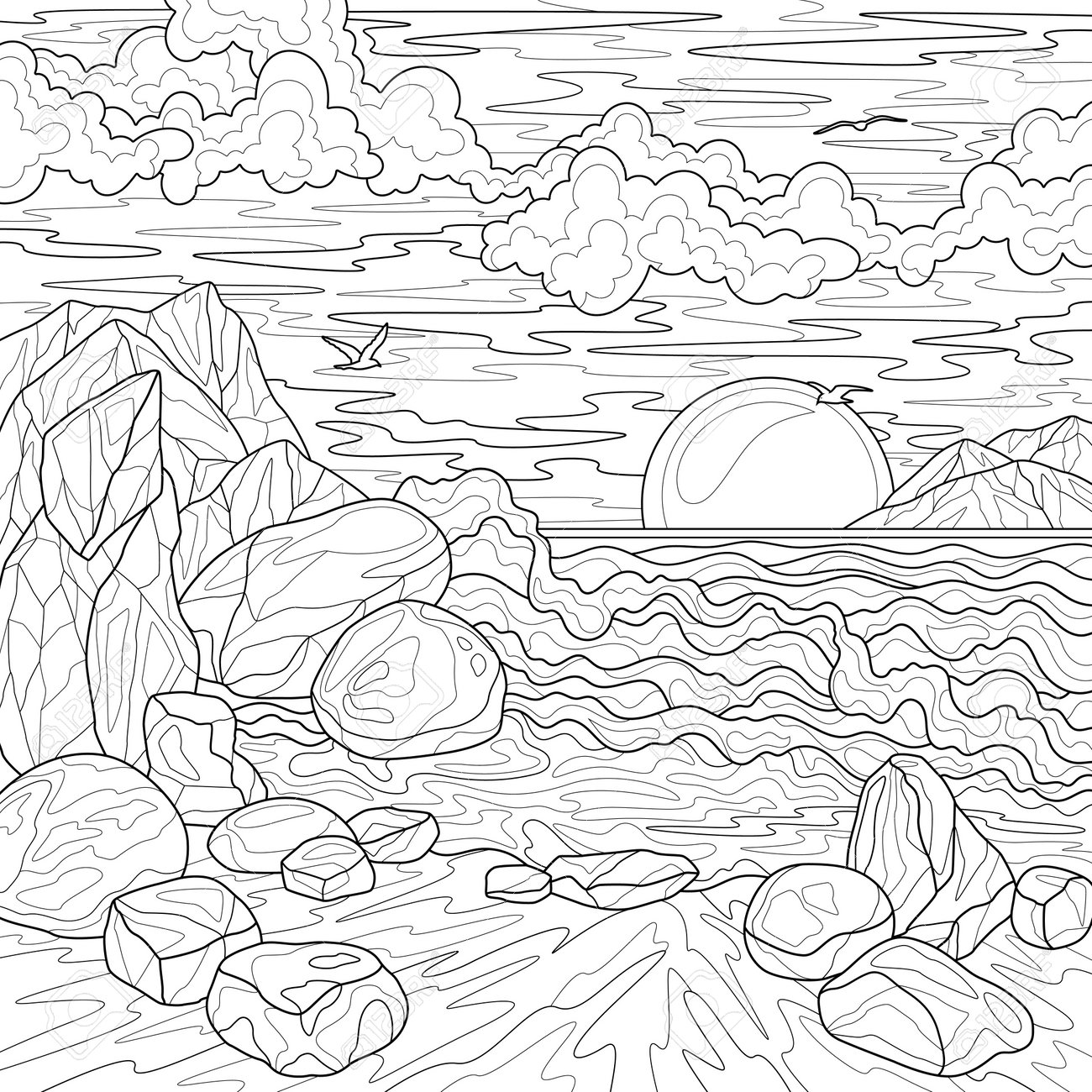 Sea and sunsetscenerycoloring book antistress for children and adults royalty free svg cliparts vectors and stock illustration image