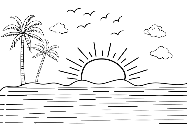 Premium vector handdrawn summer sunset tropical beach line art vector illustration kids drawing beach coloring