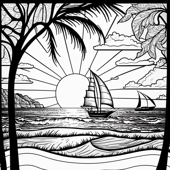 Beach scene coloring pages bundle png digital download pages beach sunset sailboat black and white coloring pages