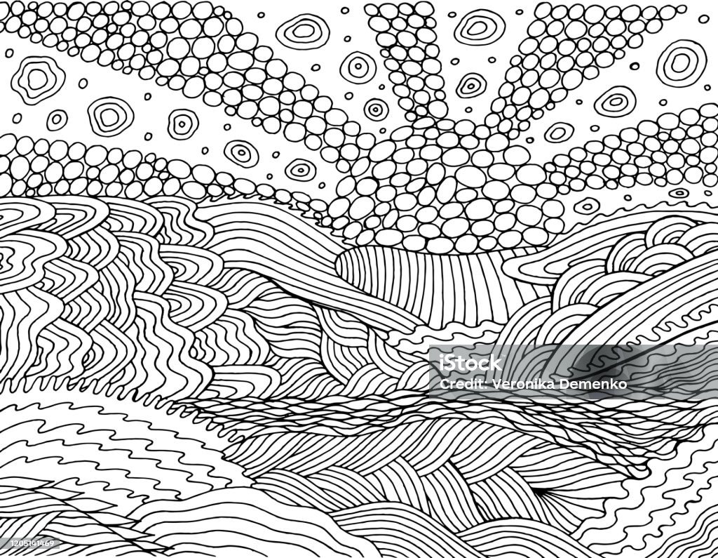 Psychedelic landscape coloring page for adults sea sunsetsun ocean sky and clound oceanic waves seaside illustration doodle drawing vector artwork stock illustration