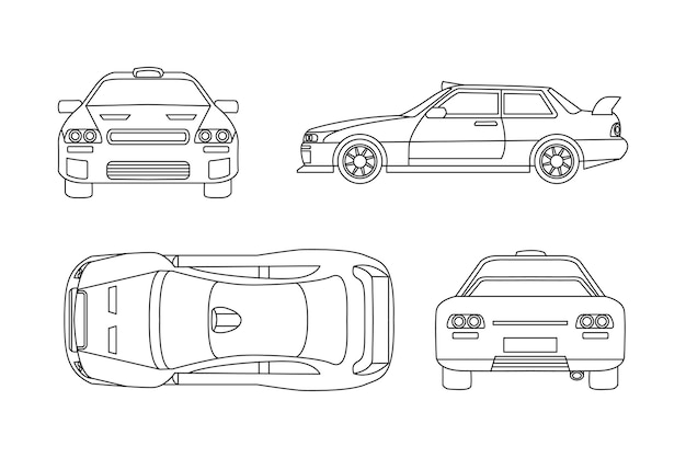 Premium vector sports car vehicle outline design top view front view rear view and side view