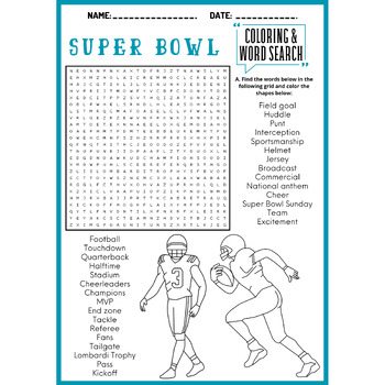 Super bowl coloring word search puzzle worksheets activity