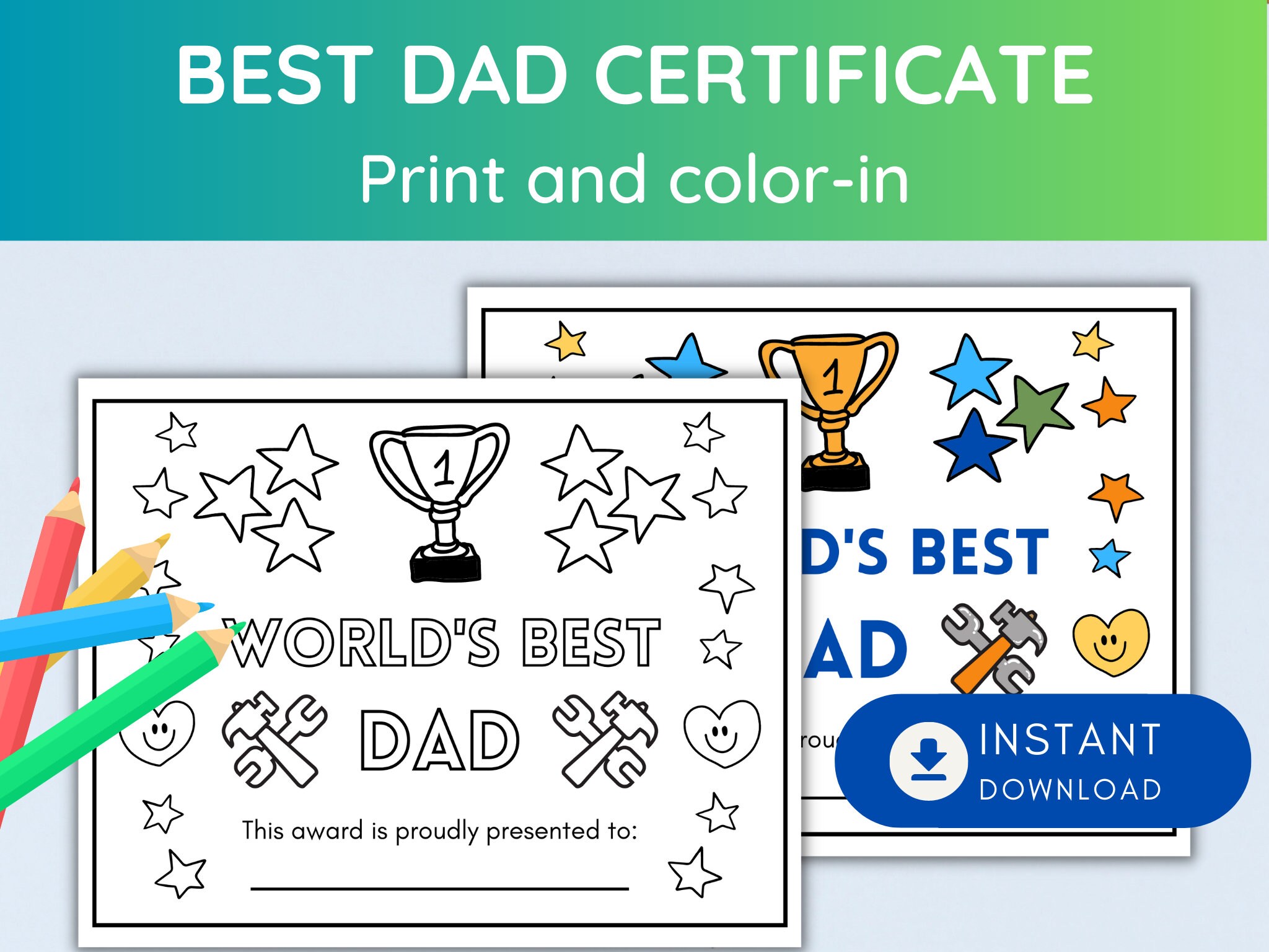 Worlds best dad certificate coloring activity sheet for