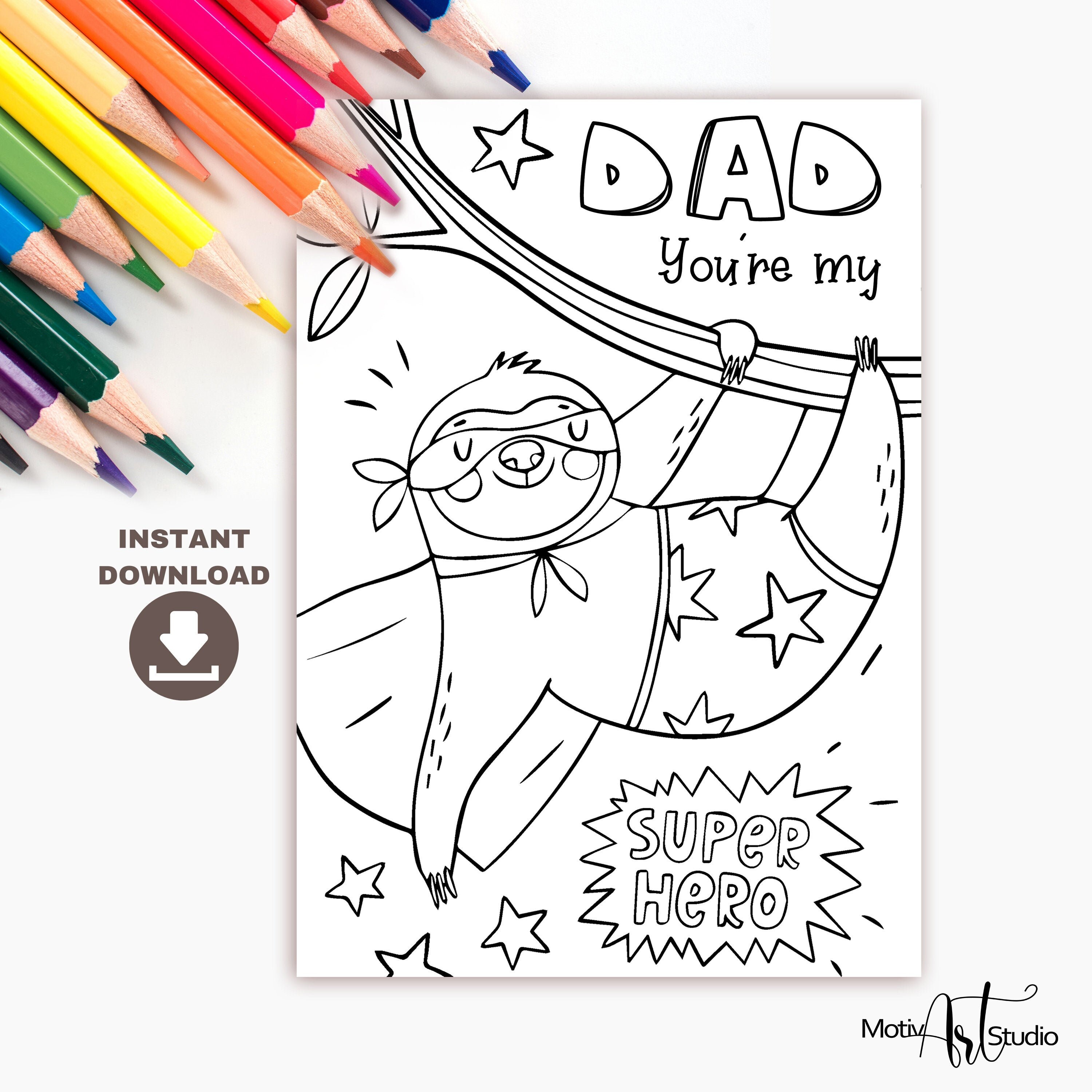 Super hero dad coloring card dad birthday or fathers day coloring card for kids funny sloth printable card for dad instant download card