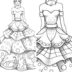 Printable coloring page fashion and clothes colouring sheet model grayscale pdf adult girls relaxing zentangle line art