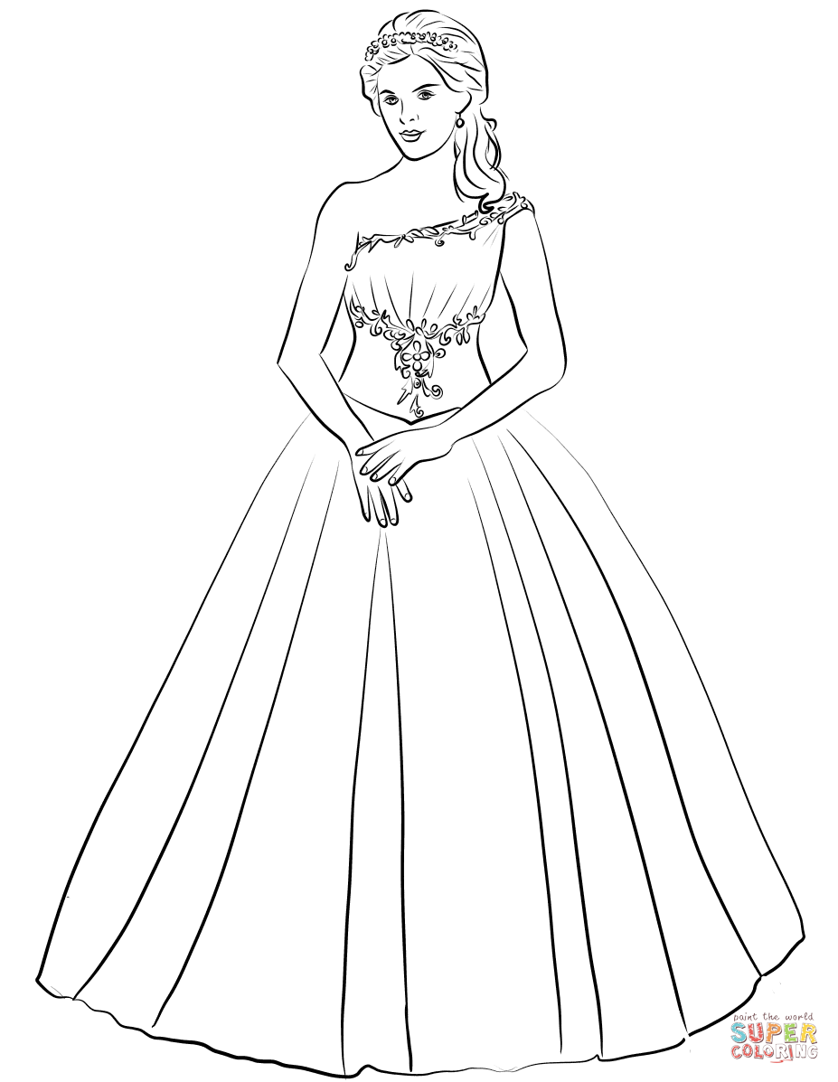 Ball gown one shoulder quinceanera dress coloring page free printable coloring pages