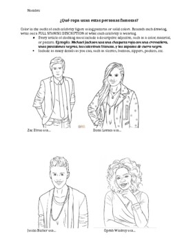 Spanish clothing colors celebrity coloring sheet writing activity