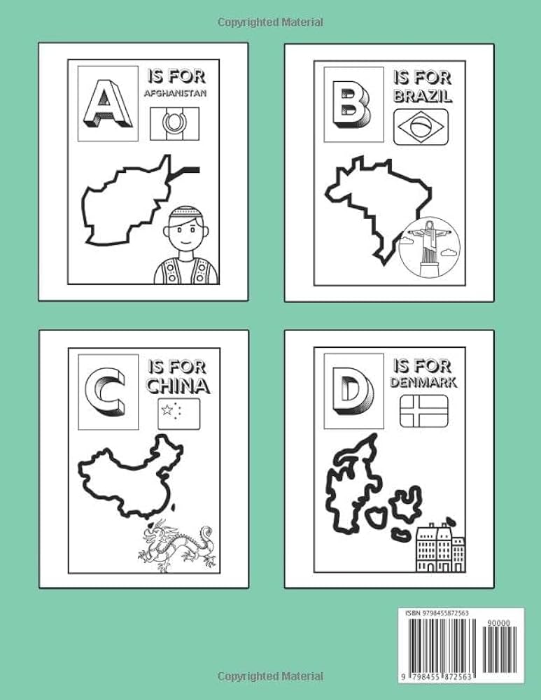 Geography coloring book a super fan abc activity books for kids with alphabet illustrations of countries world flags and worlds map creations bartk books