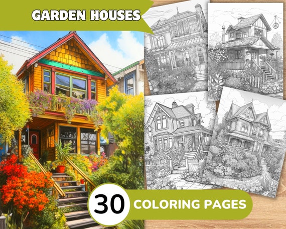 Garden house coloring page book garden grayscale coloring