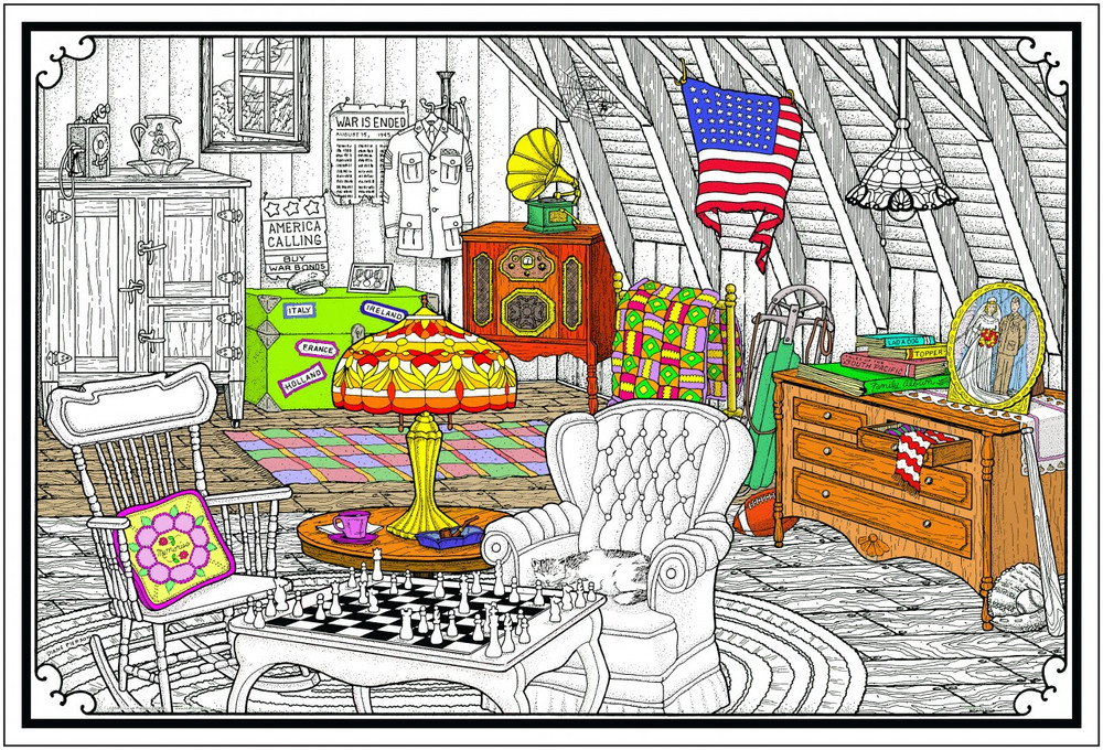 Cozy attic giant line art coloring poster