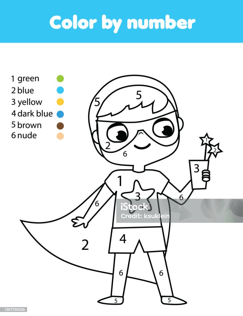 Superkid boy in superhero costume coloring page for kids educational children game color by numbers activity stock illustration