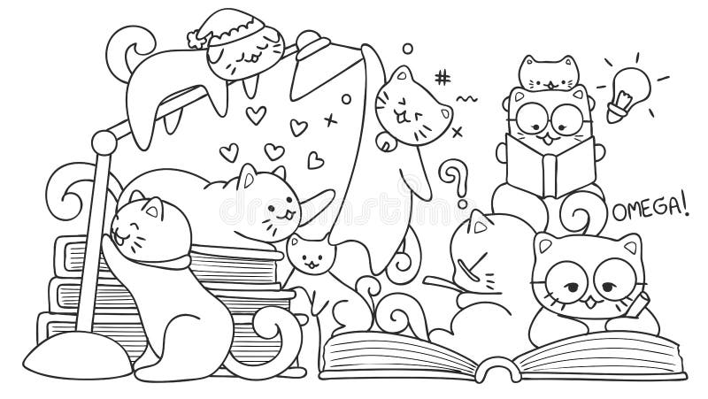 Hand drawn cute cats reading for design element and coloring book page for kids vector illustration stock vector