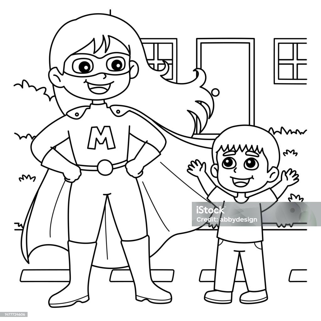 Mothers day supermom coloring page for kids stock illustration