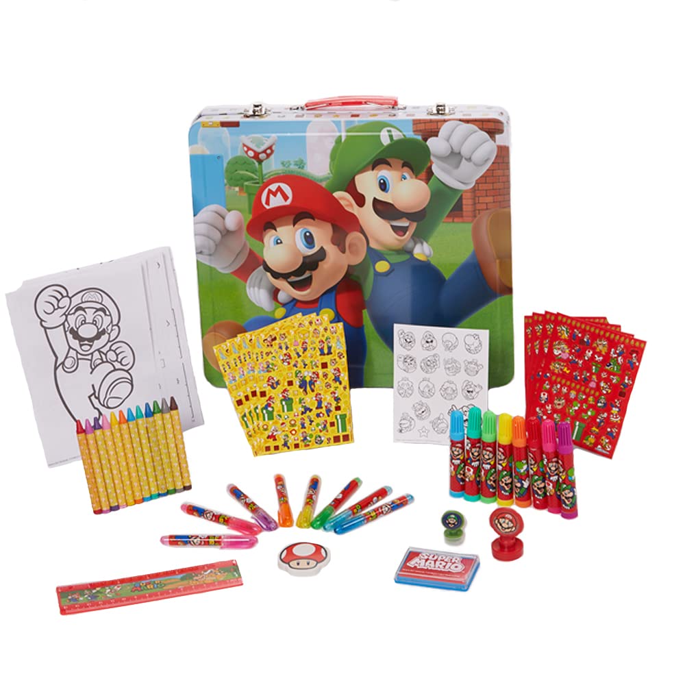 Innovative designs mario brothers super mario deluxe activity set with carrying tin coloring sheets tattoos stickers art supplies toys games