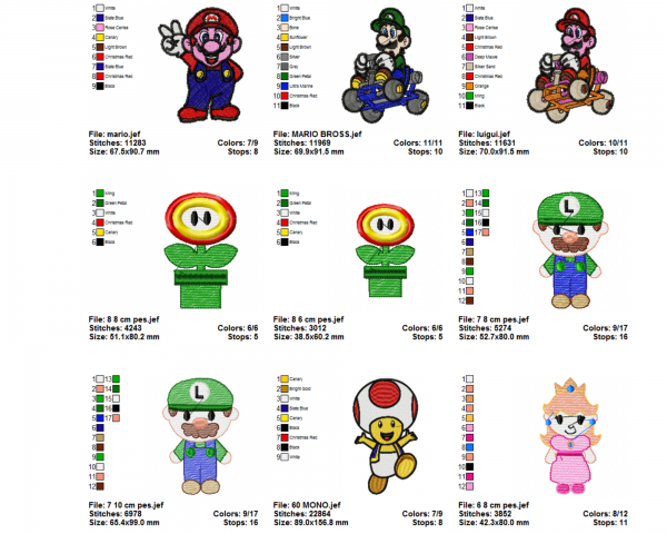 Free super mario games character embroidery design bundle