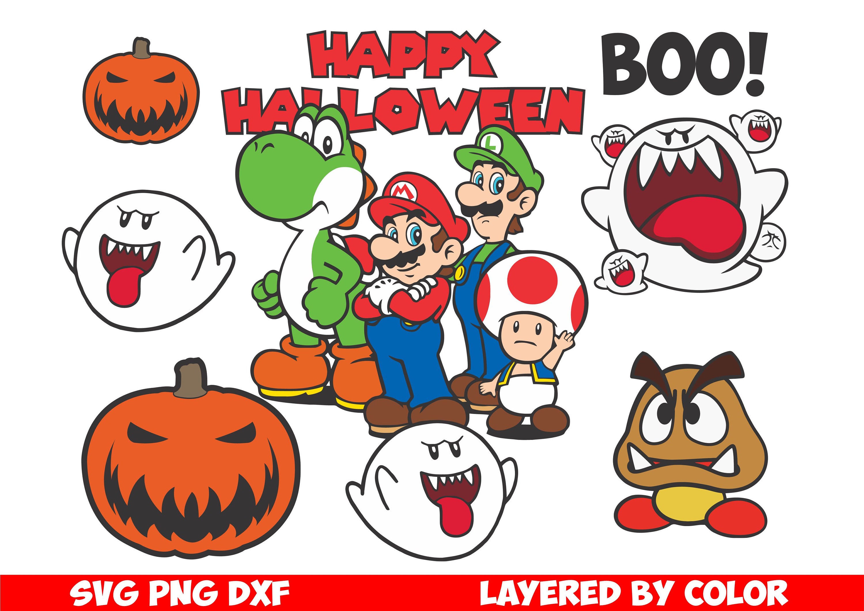 Super mario halloween svg layered by color super mario bundle vector easy cut cricut silhouette instant download high quality images