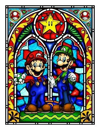 Super mario family and friends stain glass art takem to church guys mario art stained glass paint stained glass designs