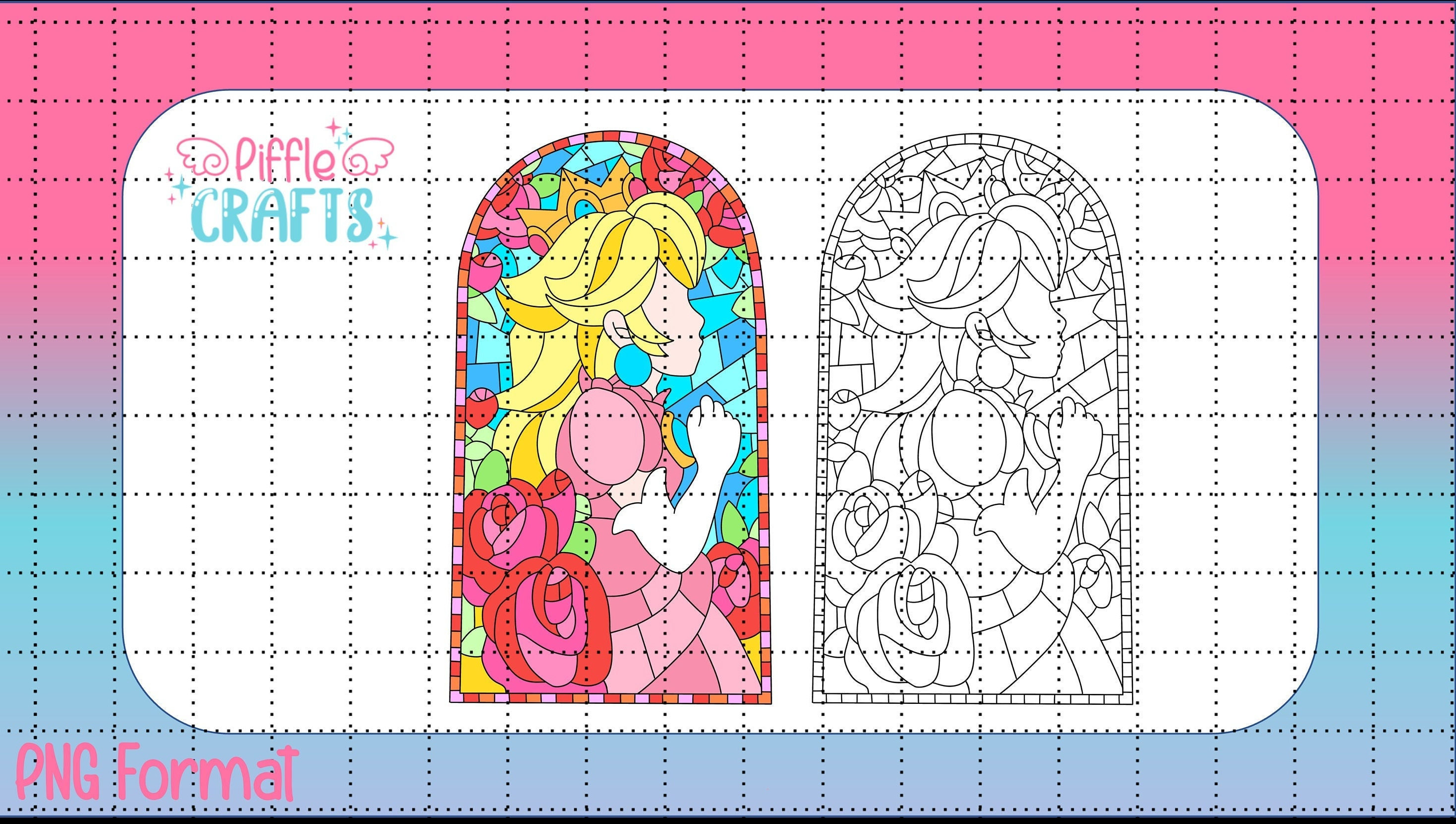 Princess peach stained glass window png colorblack white mario movie instant download