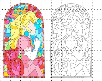 Princess peach stained glass window png colorblack white mario movie instant download
