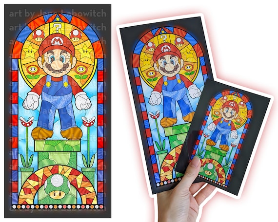 Mario stained glass print digital illustration choose your size glossy print nintendo retro nerd geek room decor