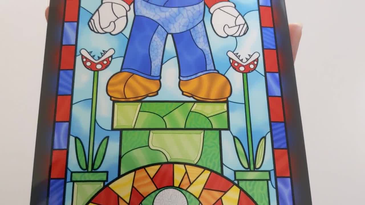 Mario stained glass print digital illustration choose your size glossy print nintendo retro nerd geek room decor