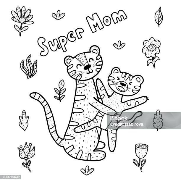 Super mom coloring page with cute tigers mommy and baby stock illustration