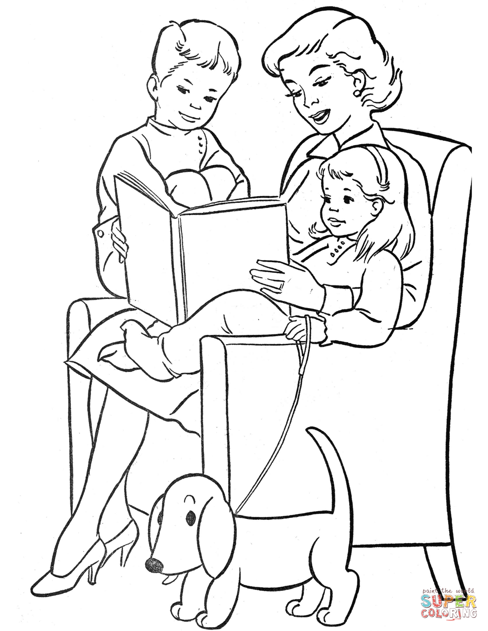 Mom reading to children coloring page free printable coloring pages