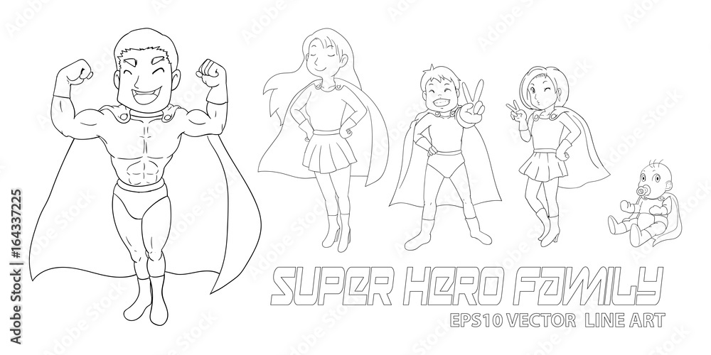 Super family include father mother son daughter and baby vector cartoon line art for coloring book vector