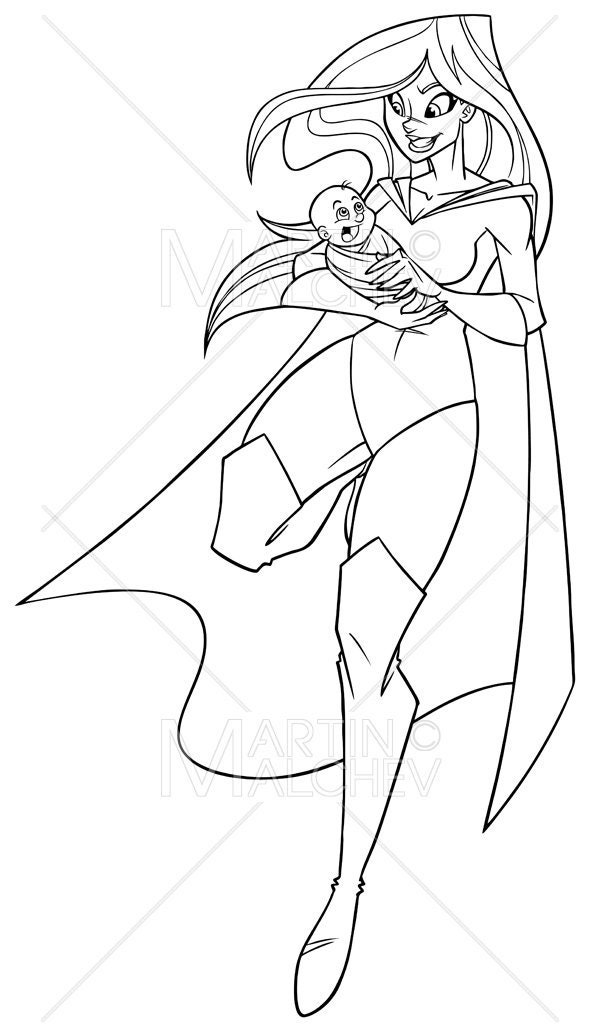 Super mom with baby line art vector illustration woman