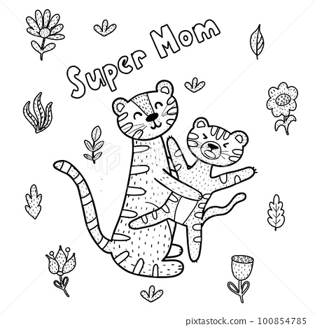 Super mom coloring page with cute tigers mommy