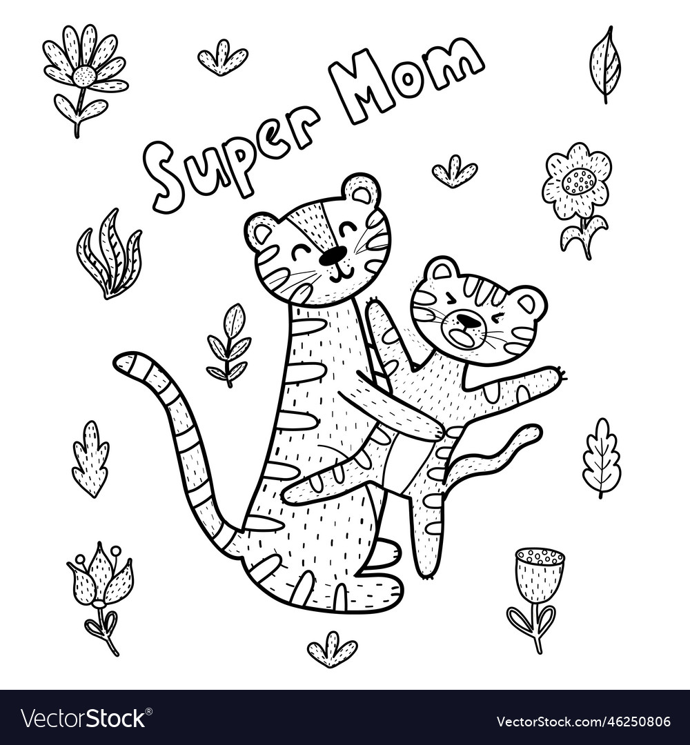 Super mom coloring page with cute tigers mommy vector image