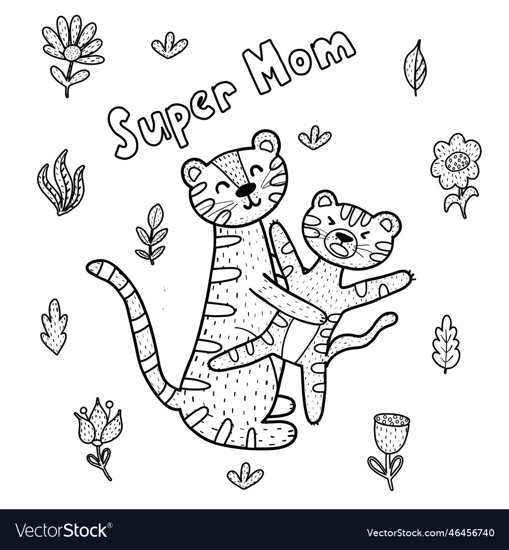 Super mom coloring page with cute tigers mommy vector image