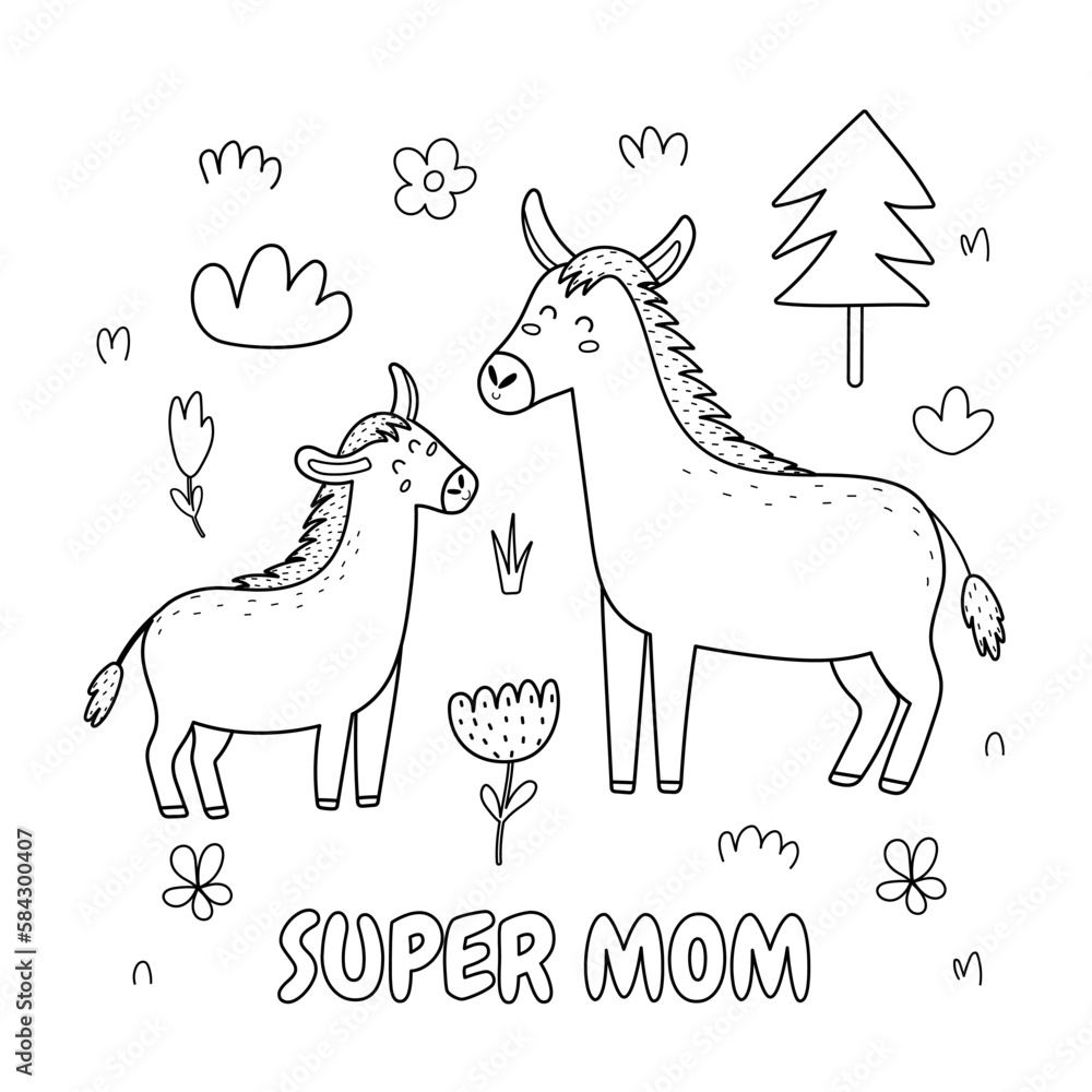 Super mom black and white print with a cute mother donkey and her baby foal funny animals family coloring page for mothers day vector illustration vector
