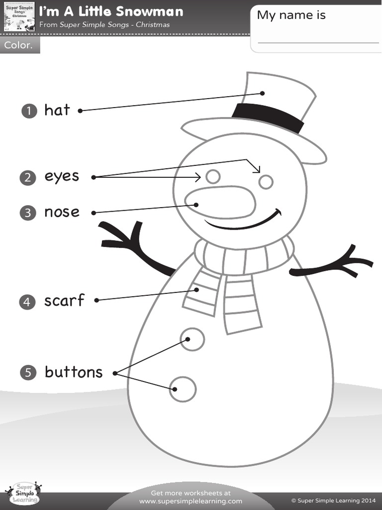 Im a little snowman worksheet vocabulary coloring bw pdf
