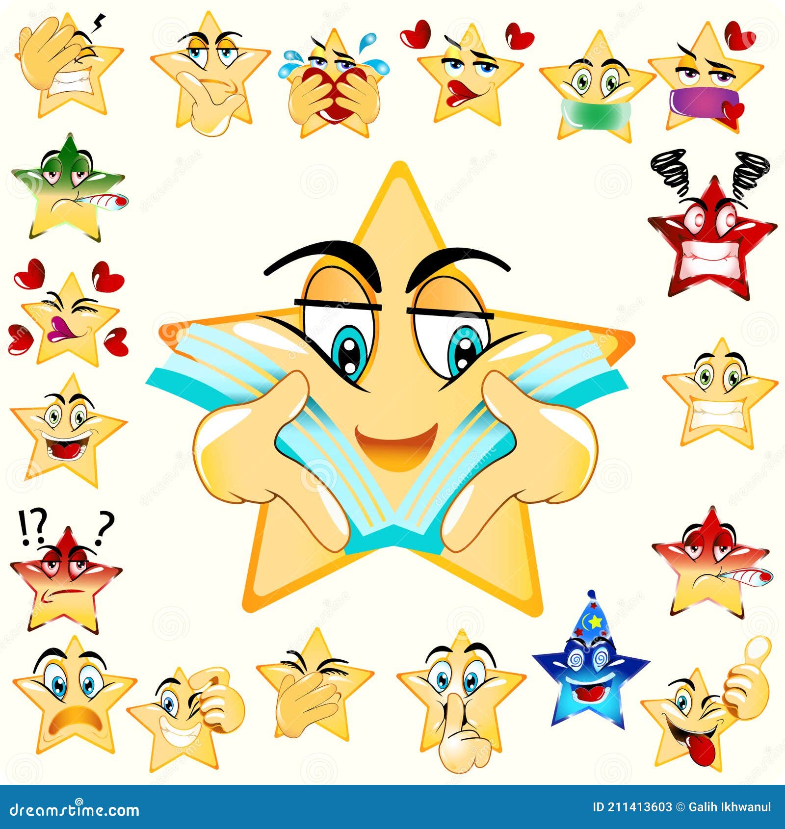 Reading book star emoji yellow bine color stock vector