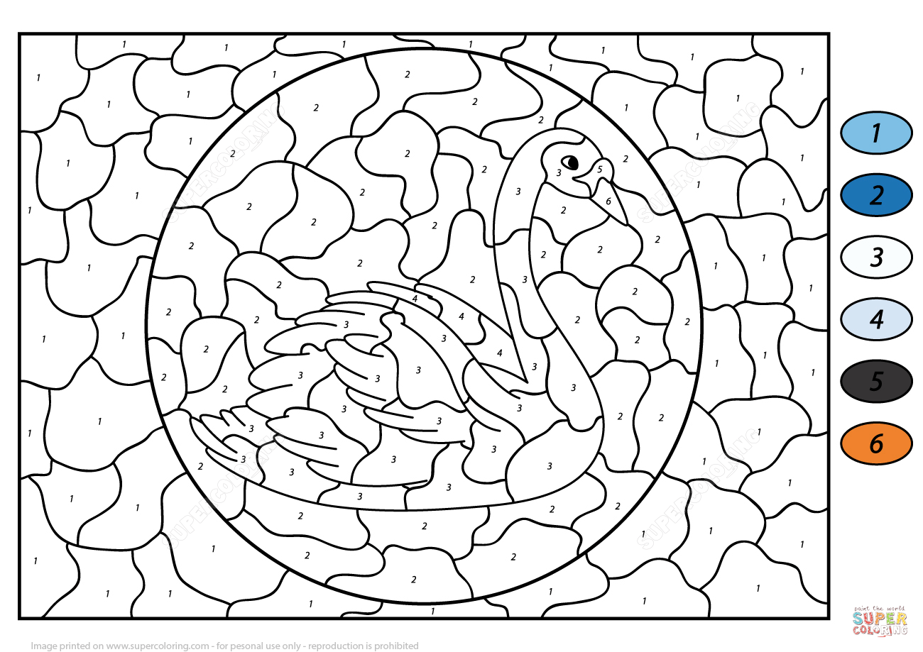 Swan color by number free printable coloring pages