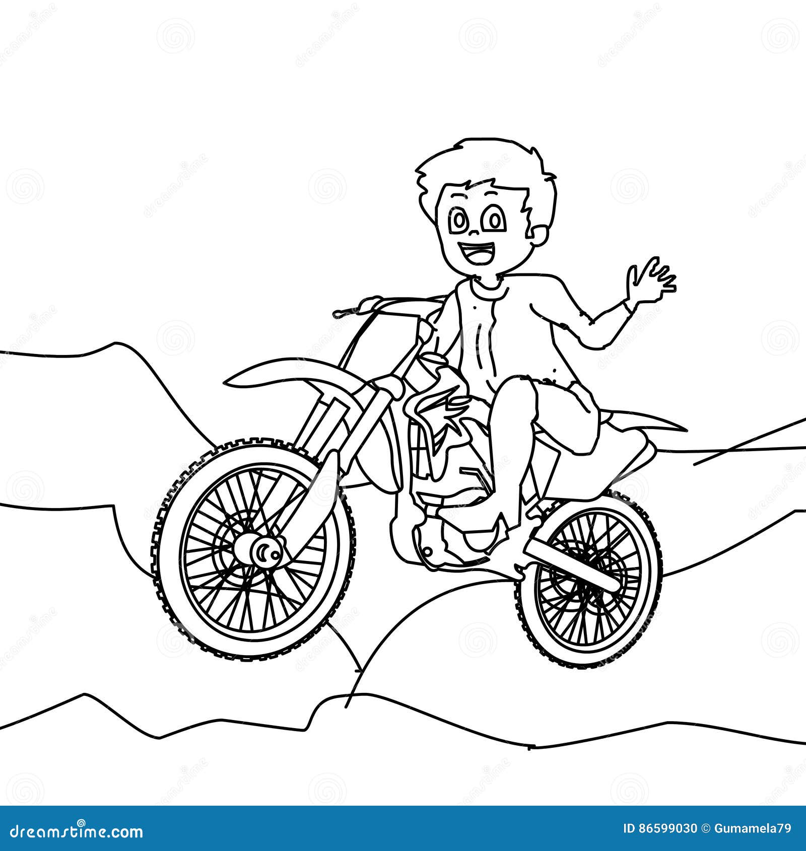Boy in a motorcycle coloring page stock illustration