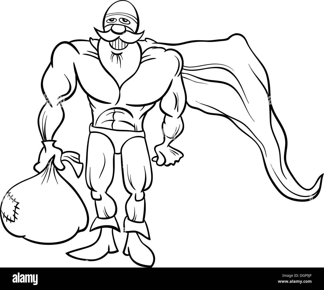 Black and white cartoon illustration of funny superhero or hero santa claus character with sack full of christmas presents stock photo