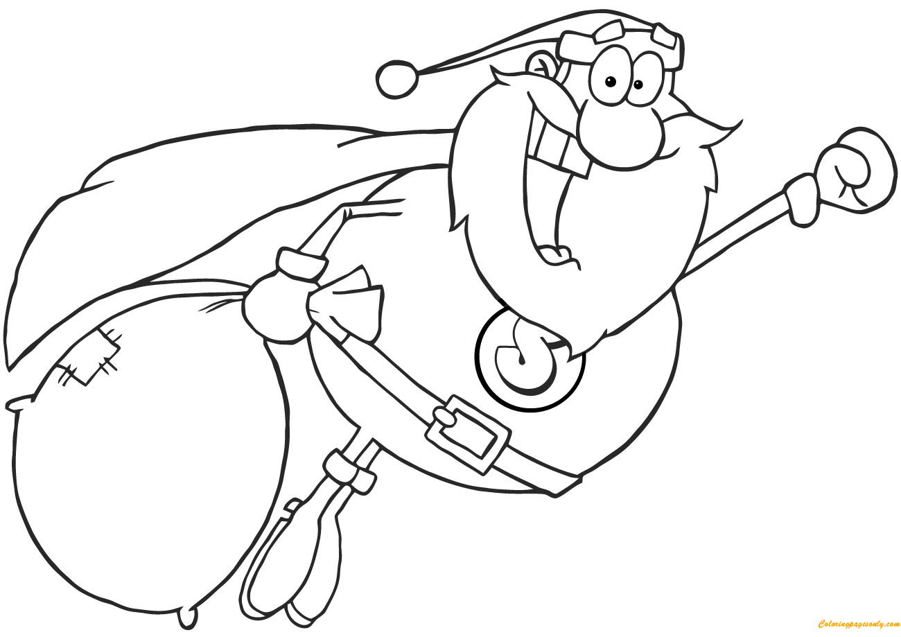 Superhero santa claus fly coloring page